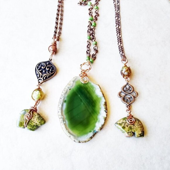 Unique Unakite Jasper Bear "Y" + Copper Necklace! 4 Wire Wrapped Beaded Sections - Picture 12 of 14